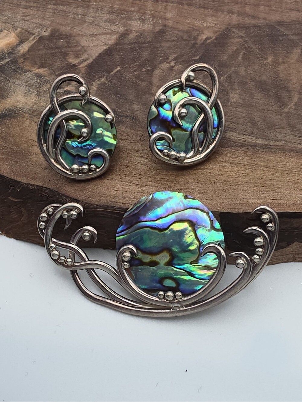 Zealandia 925 Sterling Silver Paua Abalone Brooch Pendant & Earrings Set Boho